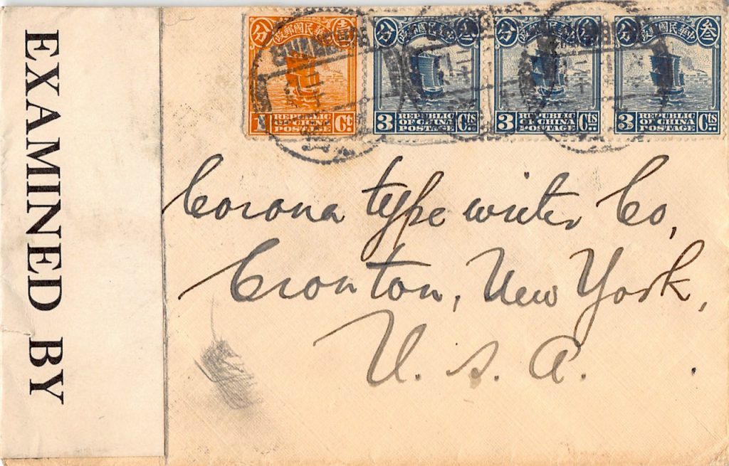 1917, Kriegspost-Brief aus Shanghai nach USA mit Zensur