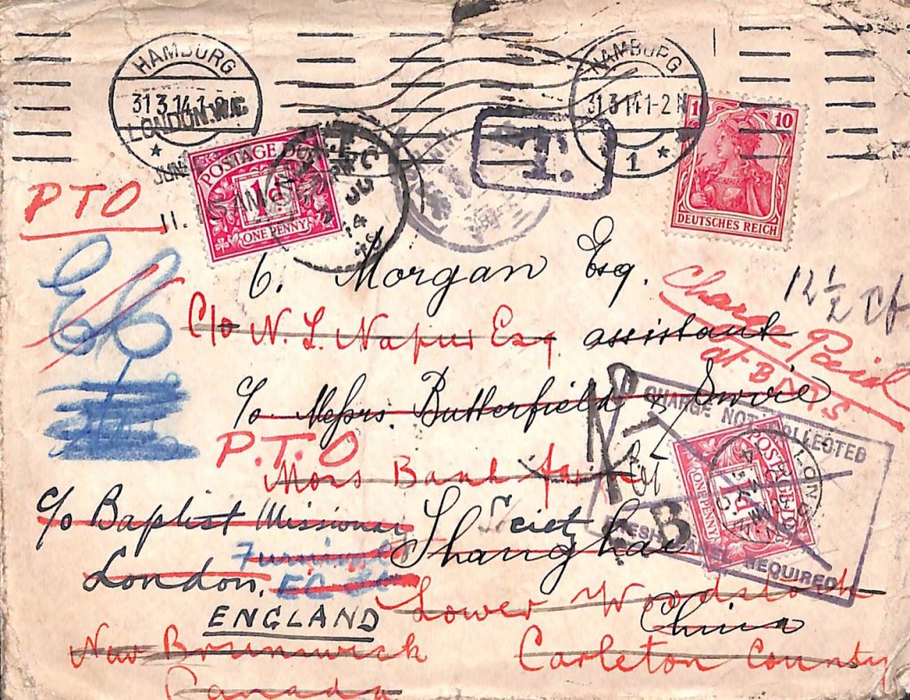 1914, Brief aus Deutschland nach China, Kanada und England mit Nachgebühr