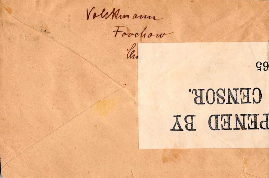 1916, Kriegspost-Brief aus Futschau nach Deutschland mit englischer Zensur