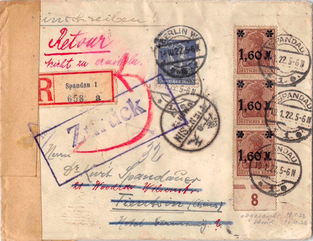 1922, Retour-Einschreiben aus Deutschland nach China, Incoming Mail
