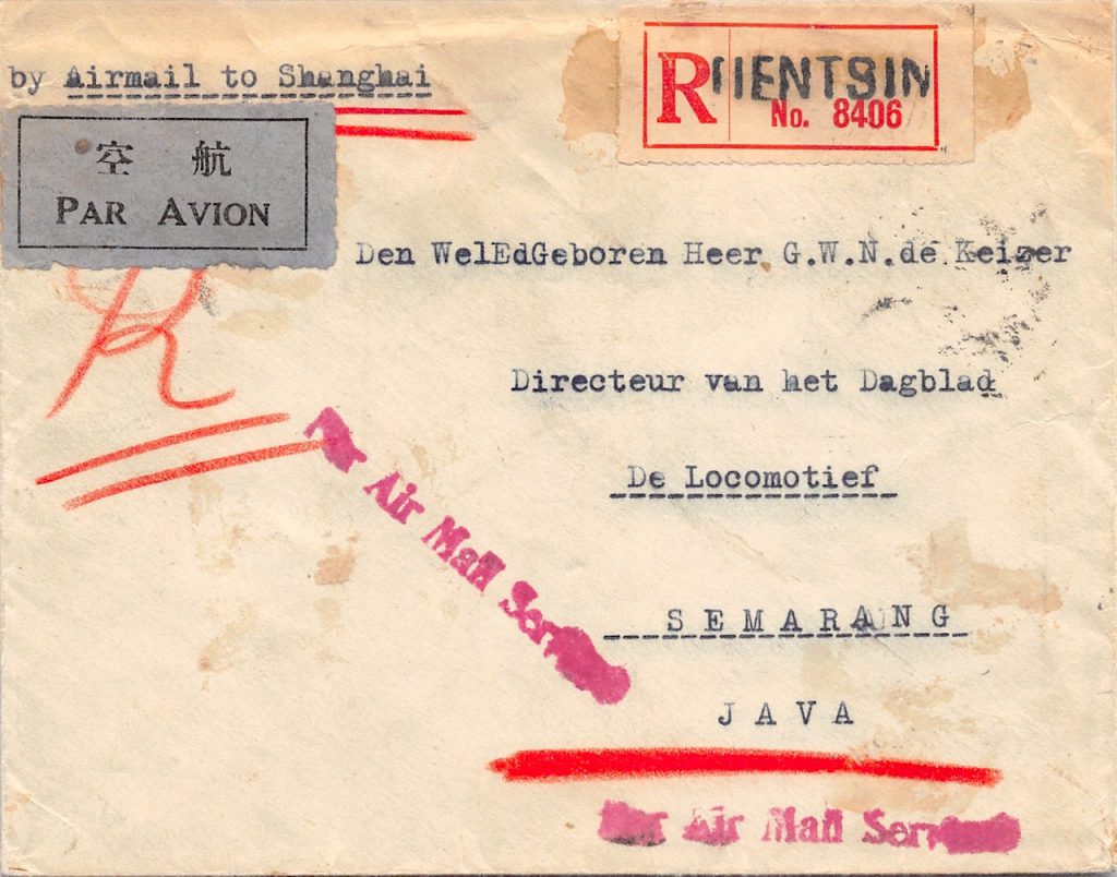 1933, Luftpost-Einschreibbrief mit Massenfrankatur aus Tientsin nach Java