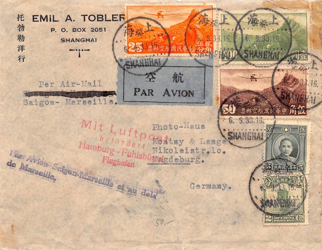 1933, Luftpostbrief aus Shanghai über Saigon-Marseille und weiter nach Deutschland