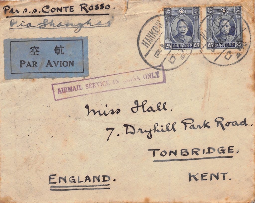 1934, Luftpostbrief aus Hankow nach Shanghai, weiterbefördert mit Dampfer nach England