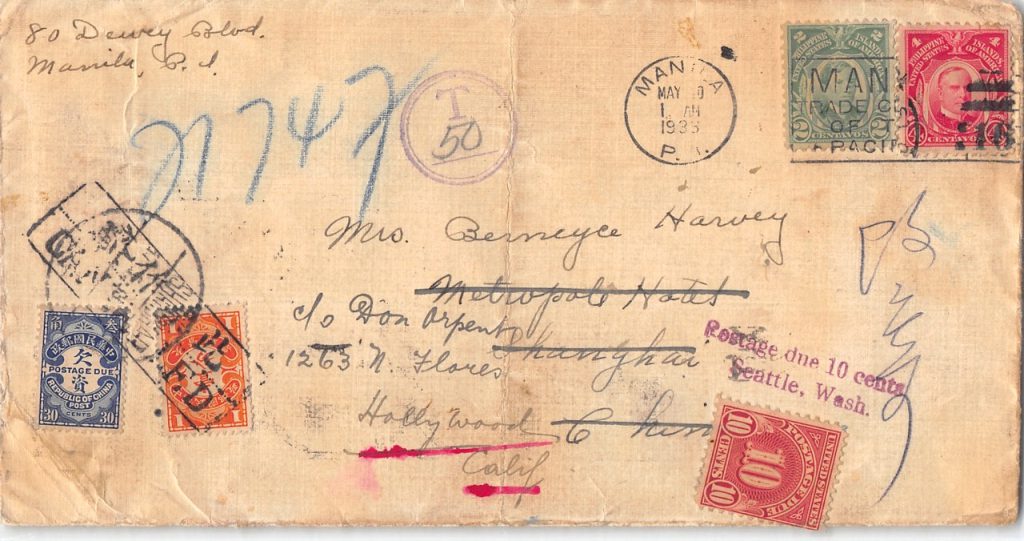 1933, Nachporto-Brief aus Manila nach Shanghai weiter nach Hollywood (USA)