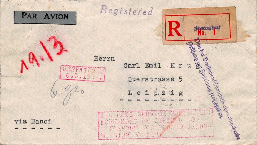 1936, Einschreiben aus Shanghai, mit Dampfer nach Singapur, weiter mit Luftpost nach Frankreich