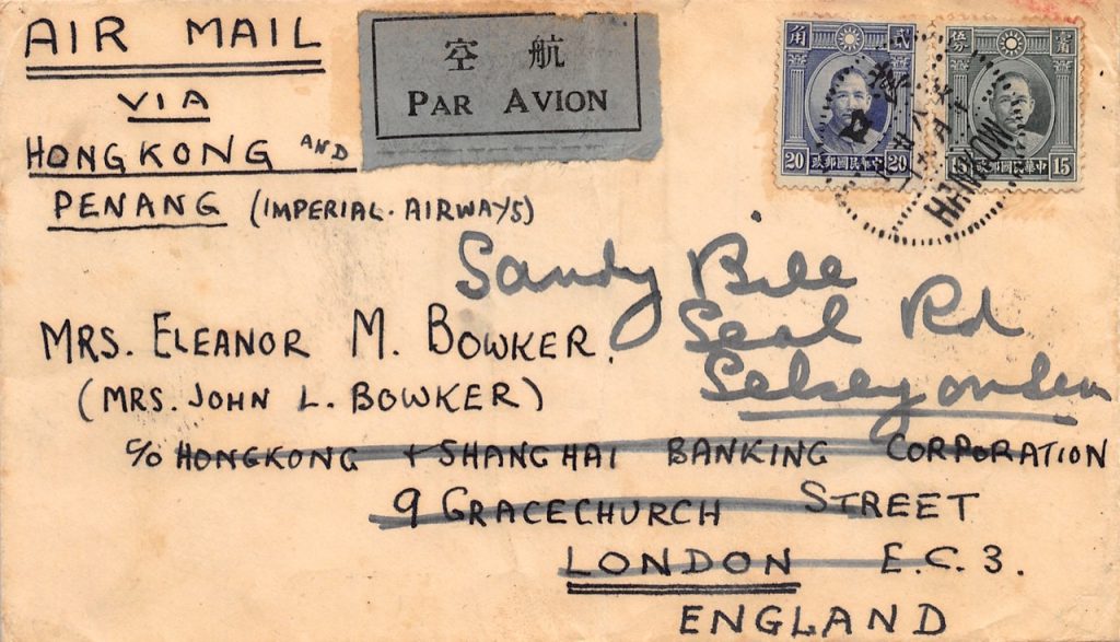 1937, Luftpostbrief aus Hankow über Hongkong und Penang nach Großbritannien