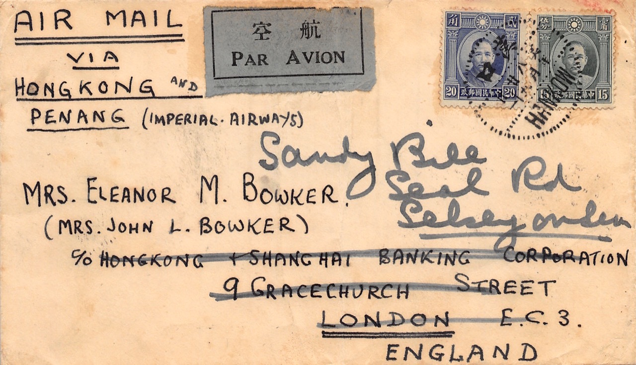 Read more about the article 1937, Luftpostbrief aus Hankow über Hongkong und Penang nach Großbritannien