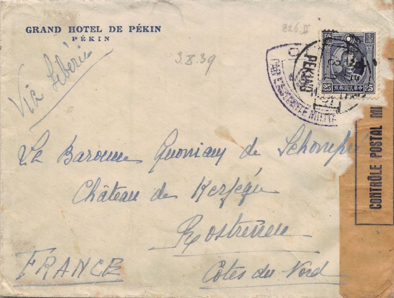 1939, Zensur-Brief aus Peking nach Frankreich
