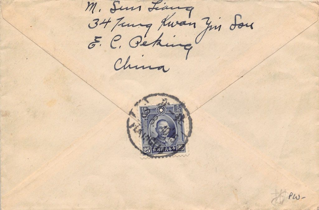 1940, Nachporto-Brief aus Peking in die USA