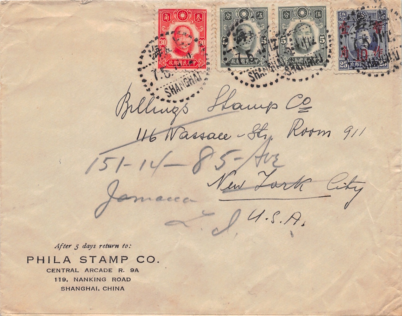 Read more about the article 1941, „Überdruck-Provisorium“ und „New York Druck“ auf Brief aus Shanghai in die USA