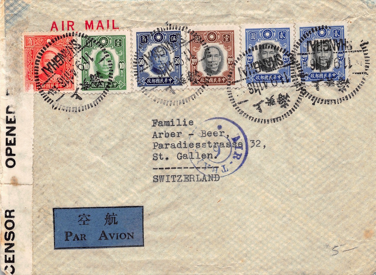 Read more about the article 1941, Air-Transit-Stempel „6“ auf Zensur-Luftpostbrief aus Shanghai in die Schweiz