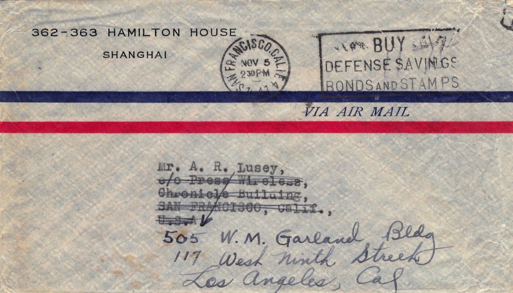 1941, Luftpost-Brief aus Shanghai in die USA