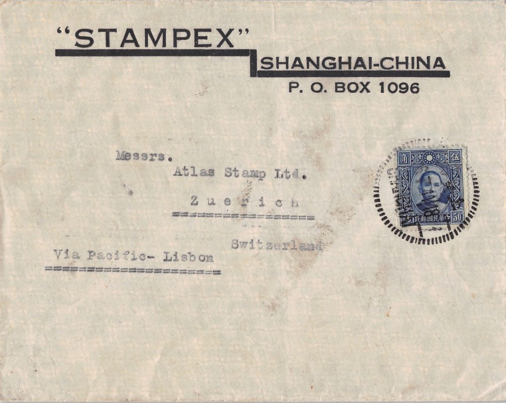1941, Einzelfrankatur "Dah Tung" auf Pazifik-Brief aus Shanghai über Portugal in die Schweiz
