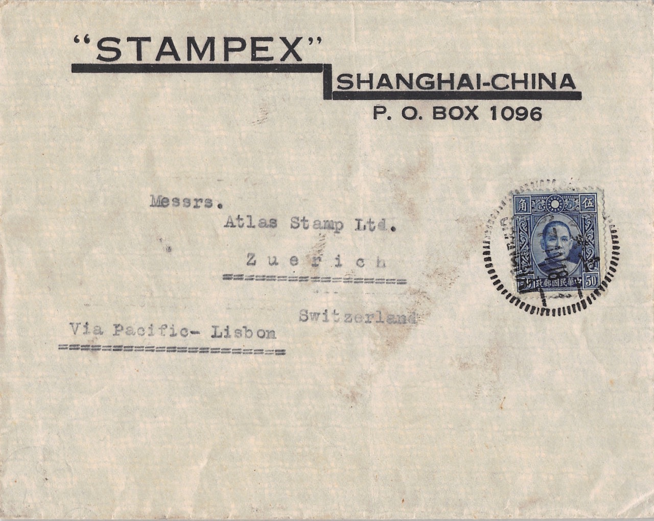 Read more about the article 1941, Einzelfrankatur „Dah Tung“ auf Pazifik-Brief aus Shanghai über Portugal in die Schweiz