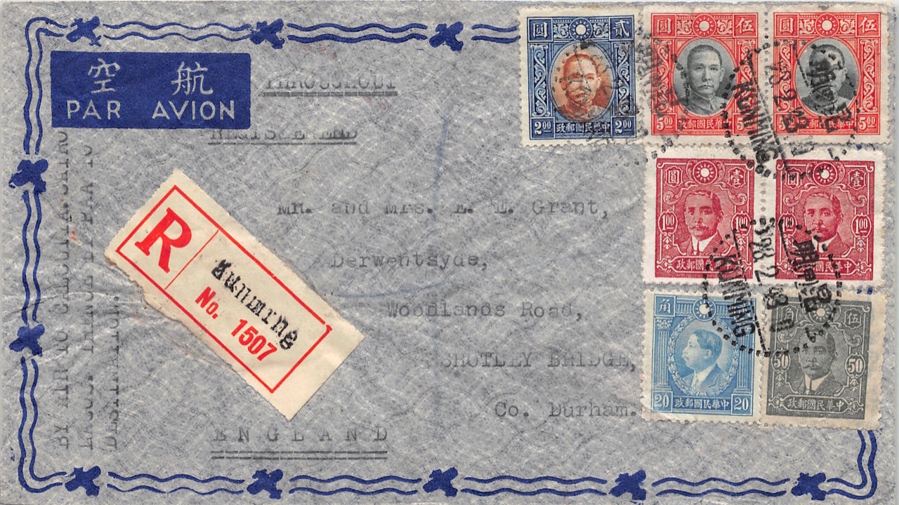 Read more about the article 1943, Luftpost-Einschreibbrief aus Kunming nach England via „Over The Hump“ und mit doppelter Antlantiküberquerung