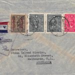 1943, zensierter Luftpostbrief aus Chungking mit 50-Cents-Provisorium (Ost-Sichuan) nach Australien