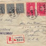 1945, zensierter Luftpost-Einschreibbrief aus Chungking nach Los Angeles (USA) via „Over The Hump“ und Westafrika
