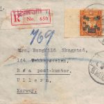 1945, Einschreibbrief aus Tientsin nach Røa (Ullern) bei Oslo (Norwegen) mit „Doppel-Währung“-Briefmarken